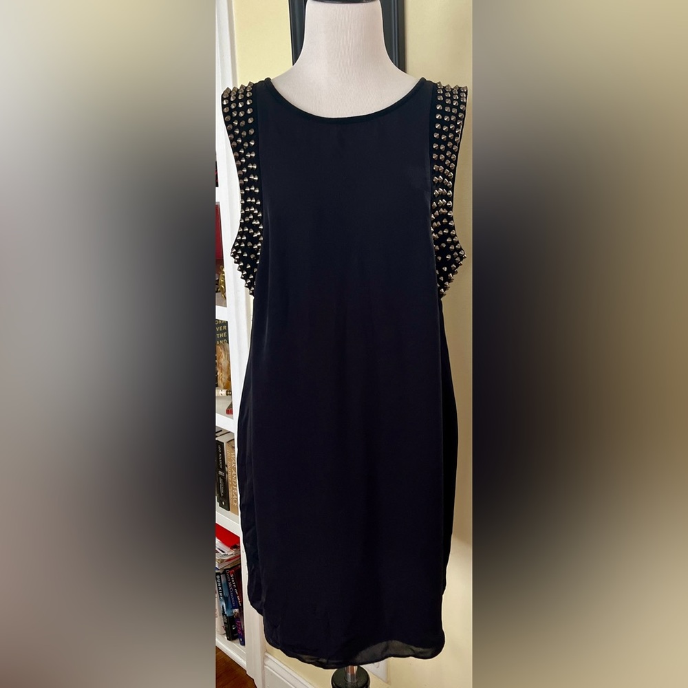 vintage Haute Hippie Dress Black Shift Mini Sleeveless Silver Spike Trim L 2000s - Picture 2 of 11